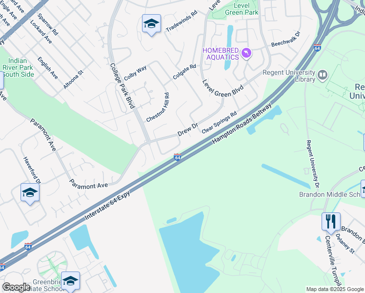 map of restaurants, bars, coffee shops, grocery stores, and more near 1349 Drexel Circle in Virginia Beach