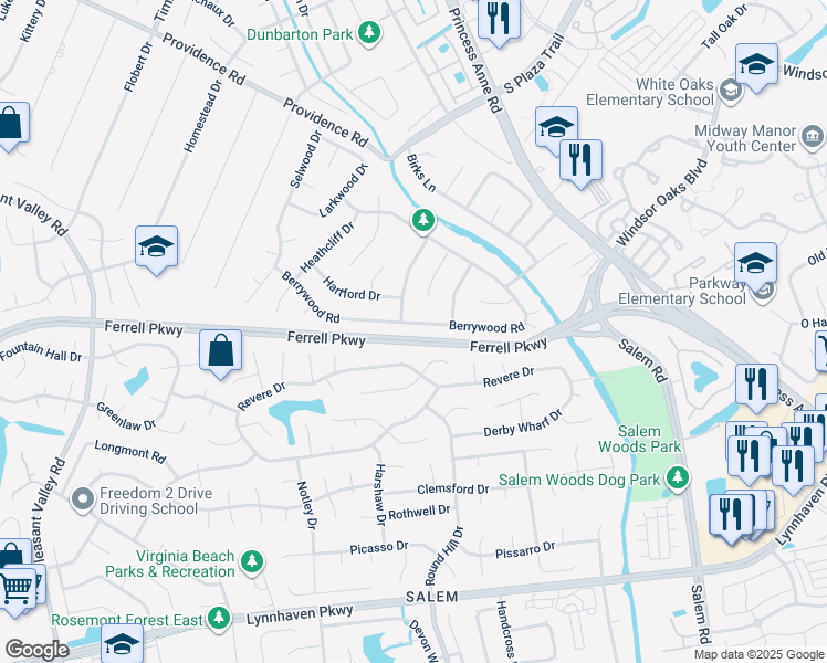 map of restaurants, bars, coffee shops, grocery stores, and more near 4760 Berrywood Road in Virginia Beach