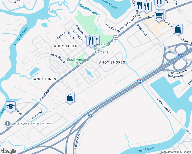 map of restaurants, bars, coffee shops, grocery stores, and more near 3604 Valley Point Crescent in Chesapeake