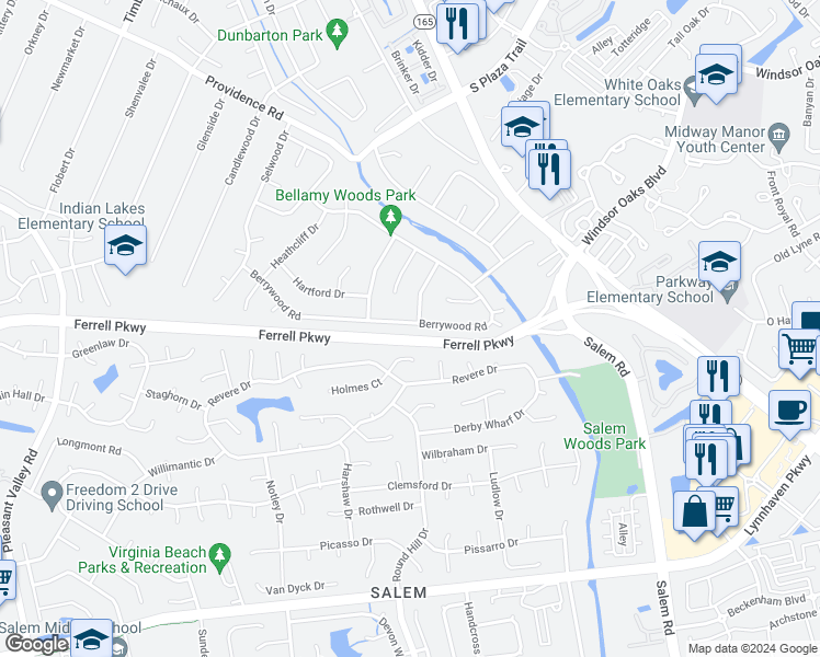 map of restaurants, bars, coffee shops, grocery stores, and more near 4744 Berrywood Road in Virginia Beach