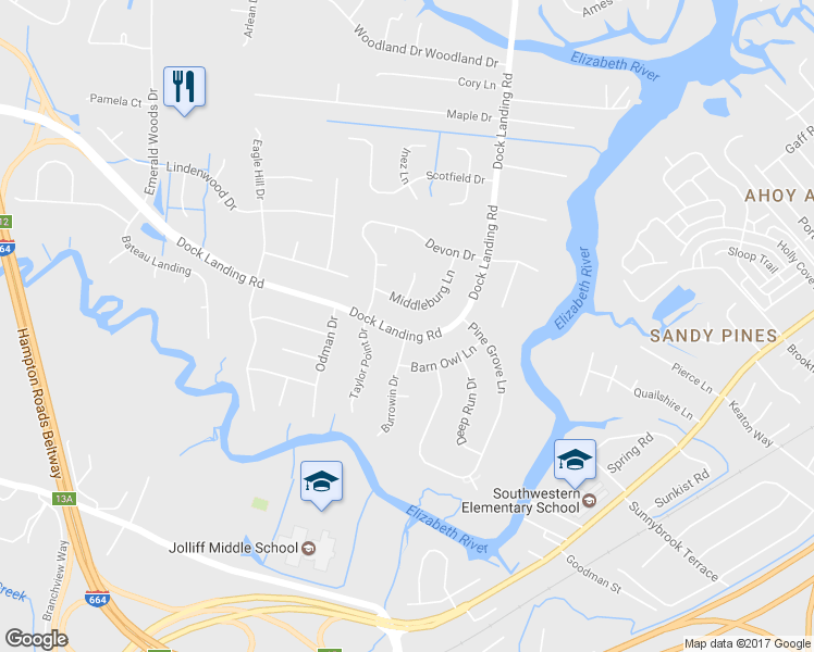 map of restaurants, bars, coffee shops, grocery stores, and more near 1600 Dock Landing Road in Chesapeake
