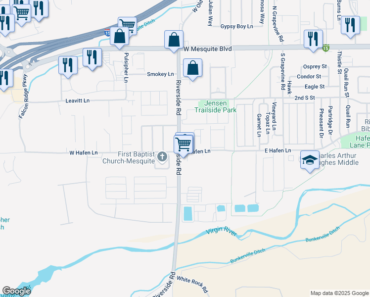 map of restaurants, bars, coffee shops, grocery stores, and more near 404 Riverside Road in Mesquite