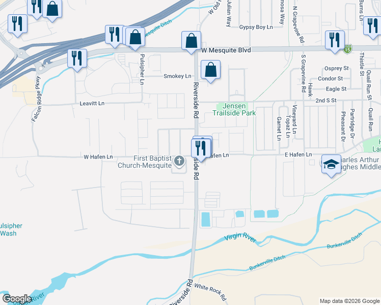 map of restaurants, bars, coffee shops, grocery stores, and more near 391 Riverside Road in Mesquite