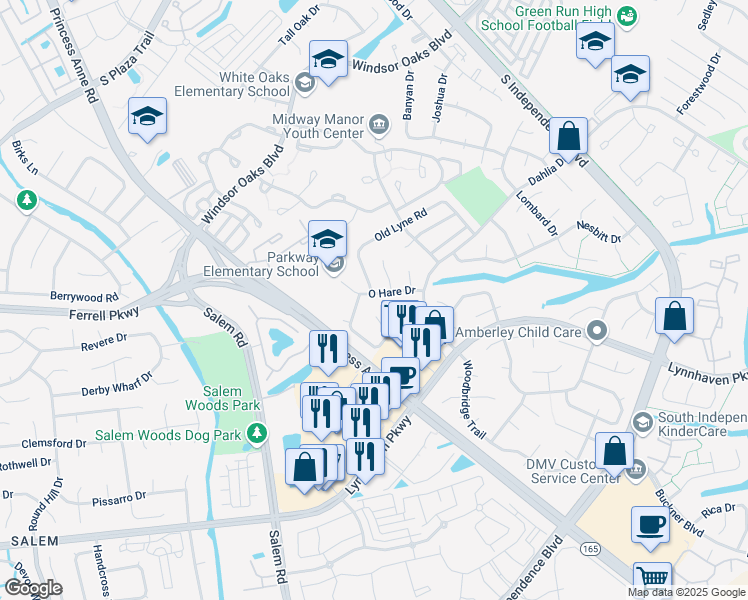 map of restaurants, bars, coffee shops, grocery stores, and more near 1310 Pershing Court in Virginia Beach