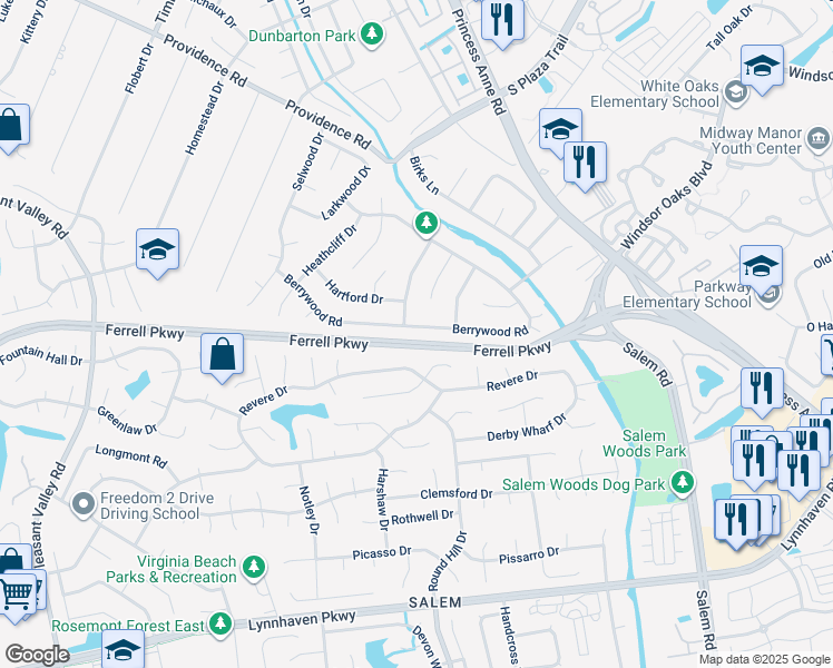 map of restaurants, bars, coffee shops, grocery stores, and more near 4760 Berrywood Road in Virginia Beach