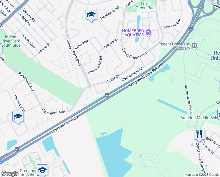 map of restaurants, bars, coffee shops, grocery stores, and more near 1349 Drexel Circle in Virginia Beach