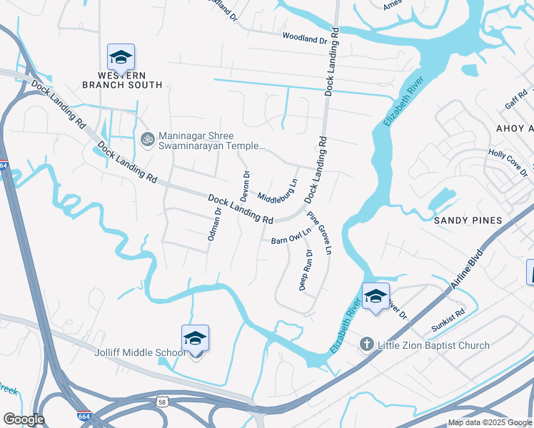 map of restaurants, bars, coffee shops, grocery stores, and more near 1600 Dock Landing Road in Chesapeake