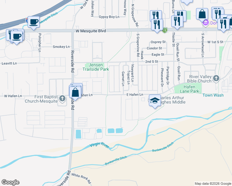 map of restaurants, bars, coffee shops, grocery stores, and more near 656 Saguaro Way in Mesquite