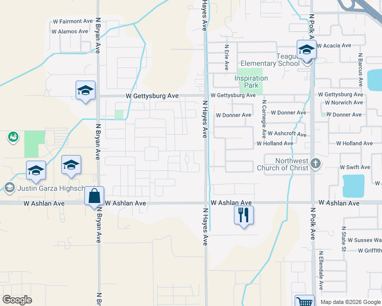 map of restaurants, bars, coffee shops, grocery stores, and more near 4191 North Hayes Avenue in Fresno