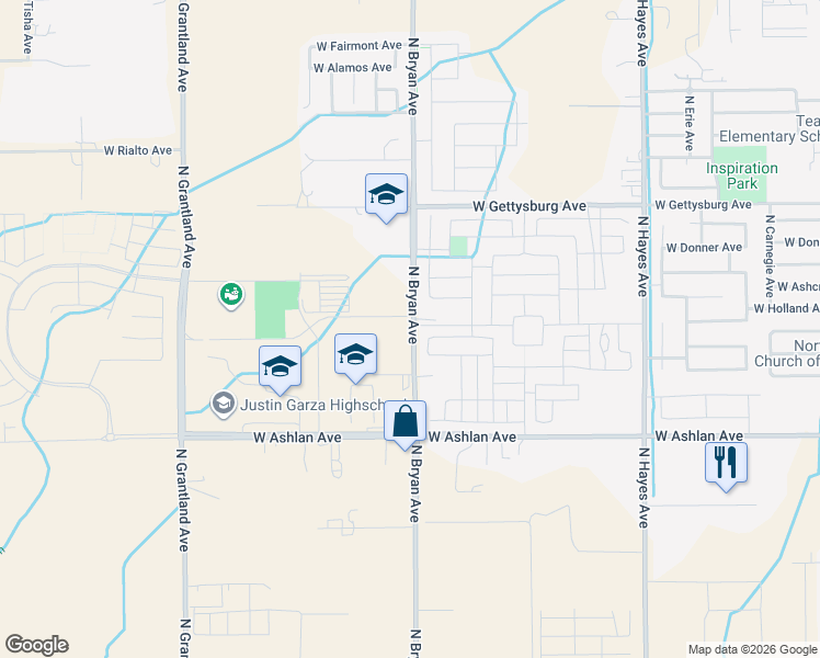 map of restaurants, bars, coffee shops, grocery stores, and more near 4118 North Bryan Avenue in Fresno