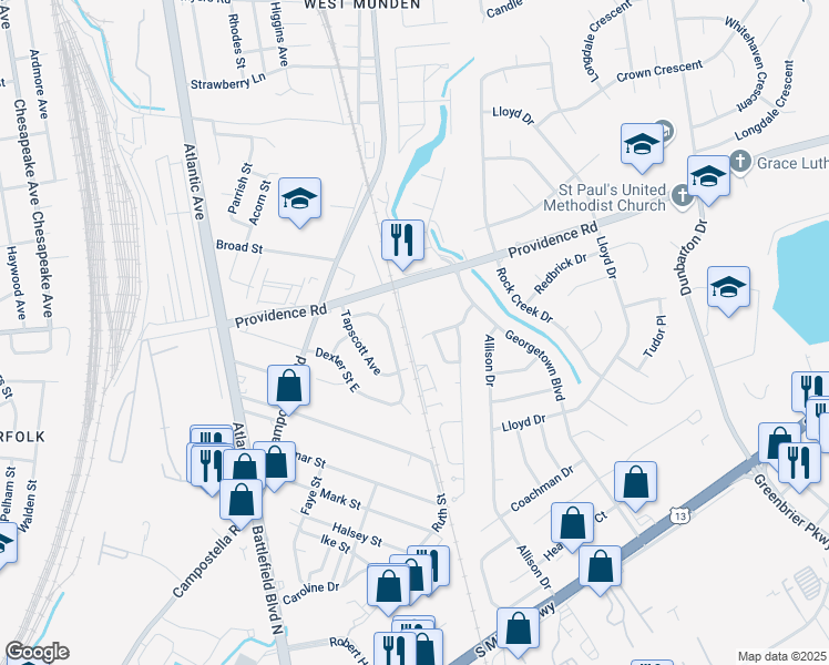 map of restaurants, bars, coffee shops, grocery stores, and more near 300 Holly Glen Drive in Chesapeake