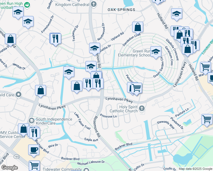 map of restaurants, bars, coffee shops, grocery stores, and more near 3553 Sierra Arch in Virginia Beach
