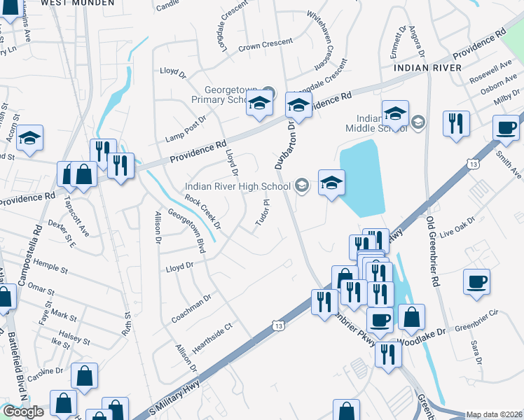 map of restaurants, bars, coffee shops, grocery stores, and more near 313 Tudor Place in Chesapeake