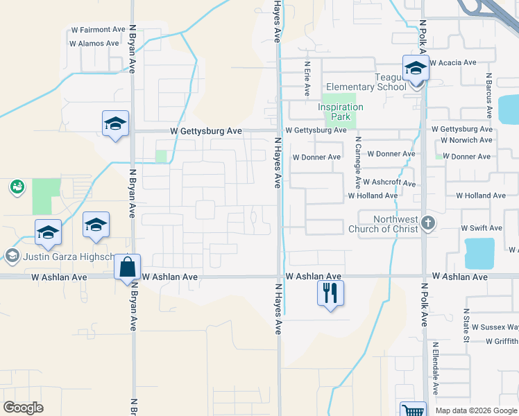 map of restaurants, bars, coffee shops, grocery stores, and more near 4191 North Hayes Avenue in Fresno