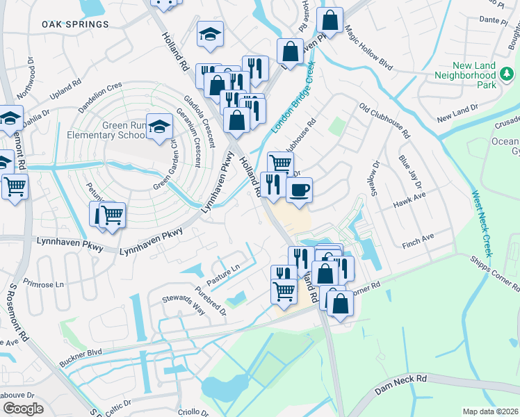 map of restaurants, bars, coffee shops, grocery stores, and more near 1325 White Birch Lane in Virginia Beach