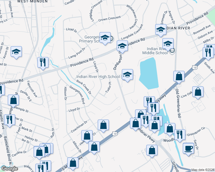 map of restaurants, bars, coffee shops, grocery stores, and more near 313 Tudor Place in Chesapeake