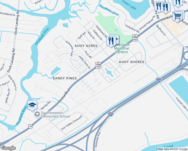 map of restaurants, bars, coffee shops, grocery stores, and more near 4300 Portsmouth Boulevard in Chesapeake