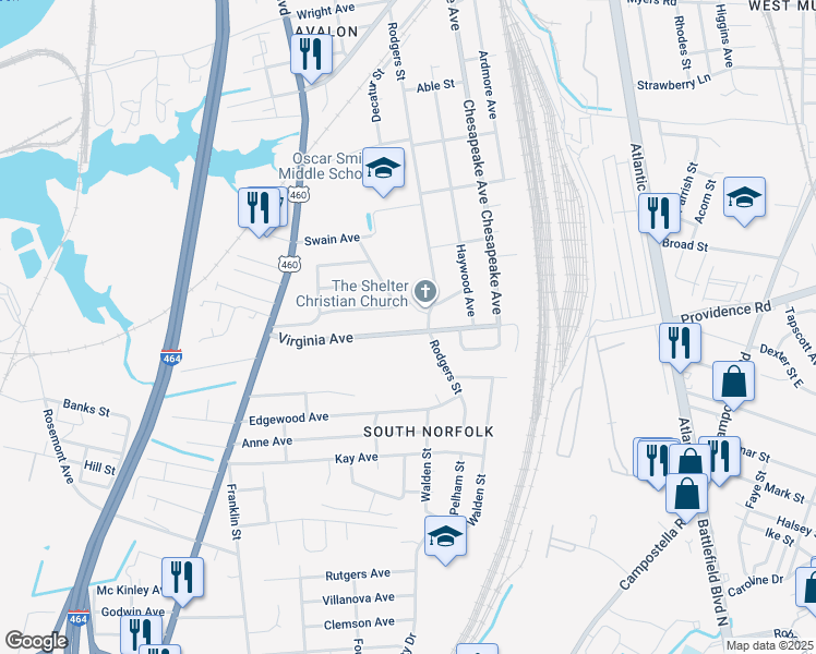 map of restaurants, bars, coffee shops, grocery stores, and more near 1153 Virginia Avenue in Chesapeake