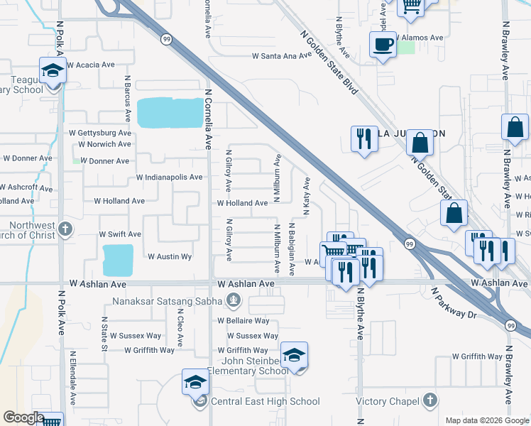 map of restaurants, bars, coffee shops, grocery stores, and more near 4652 West Richert Avenue in Fresno