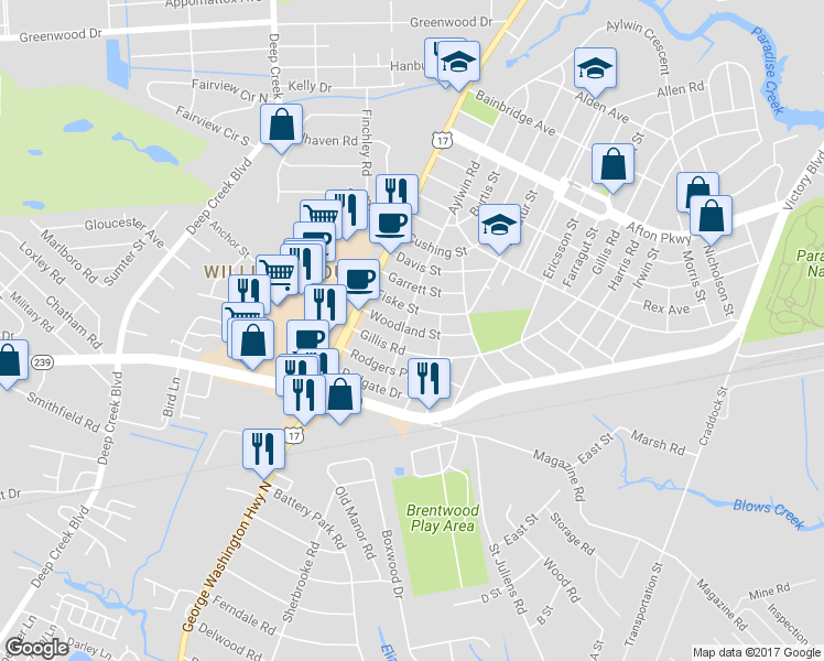 map of restaurants, bars, coffee shops, grocery stores, and more near 22 Woodland Street in Portsmouth