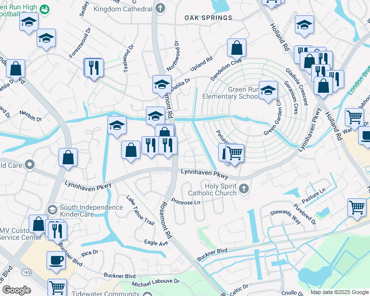 map of restaurants, bars, coffee shops, grocery stores, and more near 3571 Sierra Arch in Virginia Beach