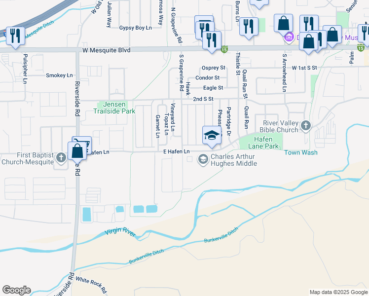 map of restaurants, bars, coffee shops, grocery stores, and more near 592 Duchess Lane in Mesquite