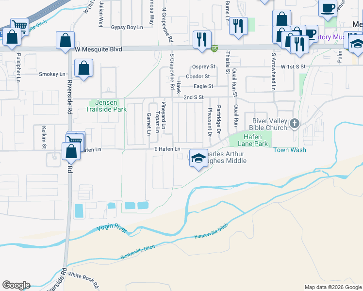 map of restaurants, bars, coffee shops, grocery stores, and more near 592 Duchess Lane in Mesquite