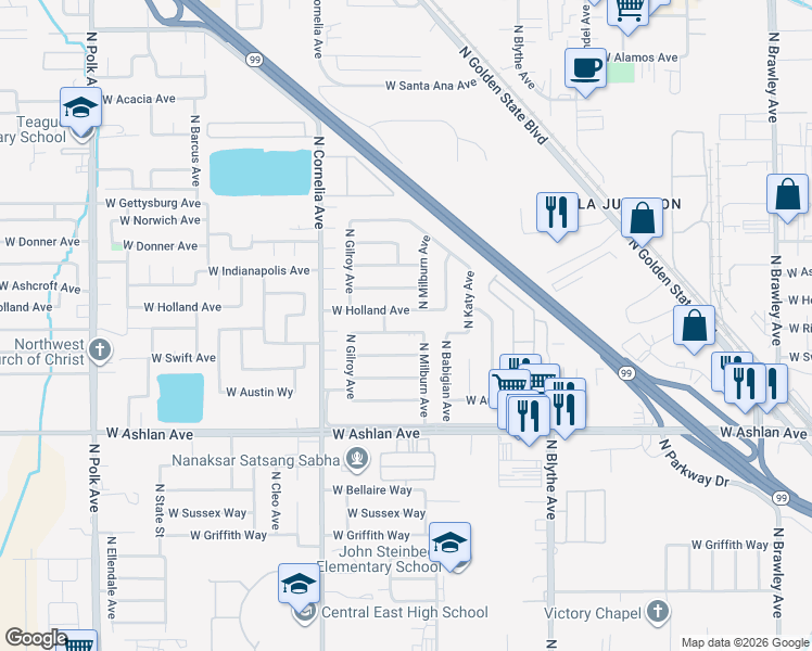 map of restaurants, bars, coffee shops, grocery stores, and more near 4652 West Richert Avenue in Fresno