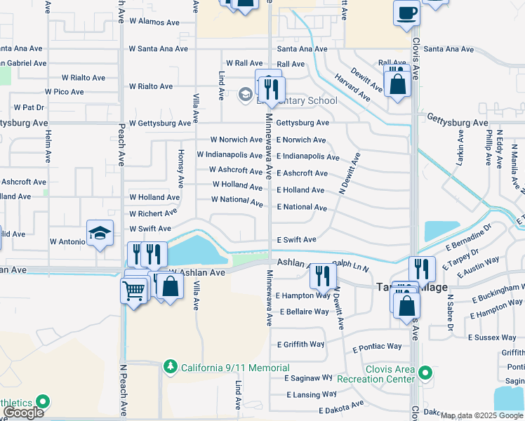 map of restaurants, bars, coffee shops, grocery stores, and more near 5403 East Euclid Avenue in Fresno