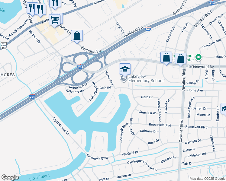 map of restaurants, bars, coffee shops, grocery stores, and more near 1400 Carson Crescent West in Portsmouth