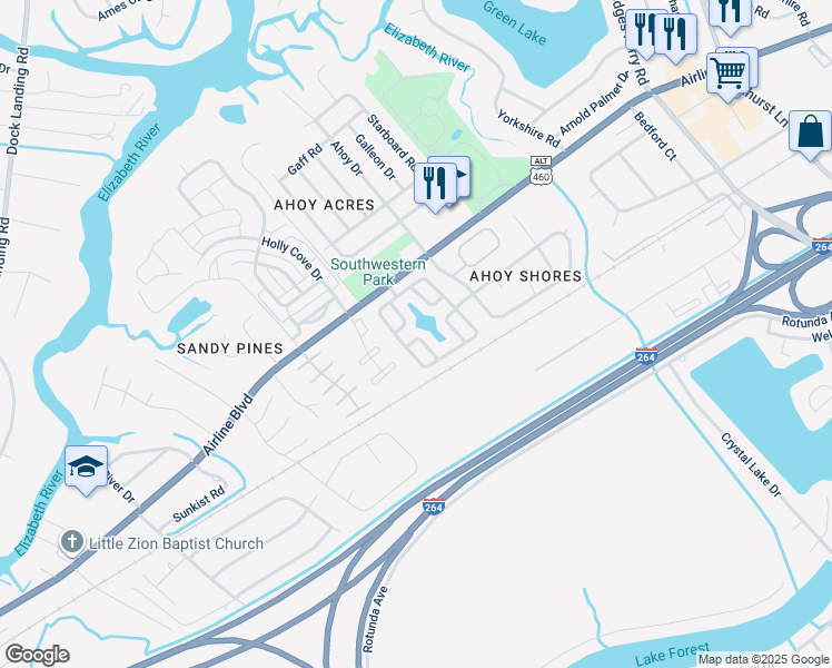 map of restaurants, bars, coffee shops, grocery stores, and more near 3617 Dock Point Arch in Chesapeake