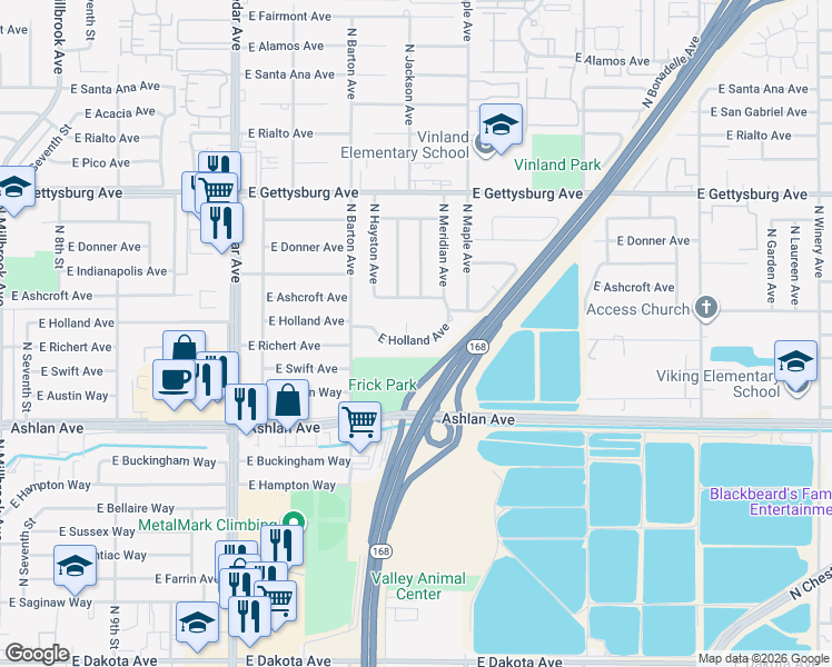 map of restaurants, bars, coffee shops, grocery stores, and more near 4544 East Holland Avenue in Fresno