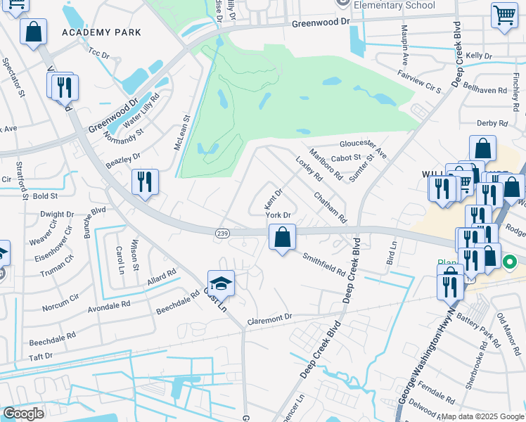 map of restaurants, bars, coffee shops, grocery stores, and more near 508 Kent Drive in Portsmouth