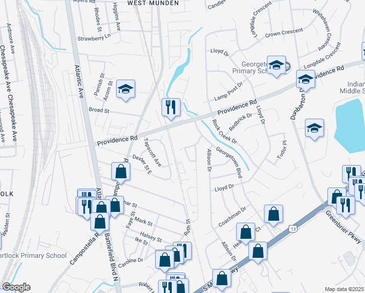 map of restaurants, bars, coffee shops, grocery stores, and more near 306 Holly Glen Drive in Chesapeake