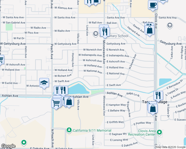 map of restaurants, bars, coffee shops, grocery stores, and more near 60 West Richert Avenue in Clovis