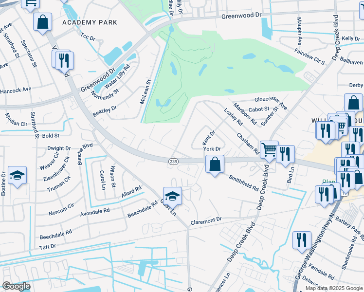 map of restaurants, bars, coffee shops, grocery stores, and more near 2932 Smithfield Road in Portsmouth