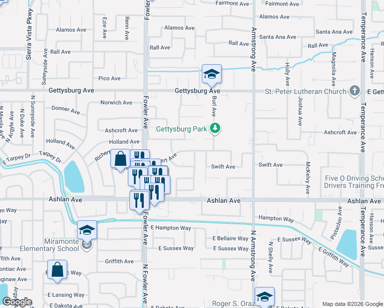 map of restaurants, bars, coffee shops, grocery stores, and more near 3064 Burl Avenue in Clovis