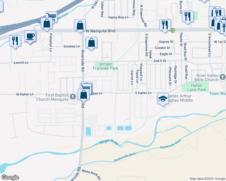 map of restaurants, bars, coffee shops, grocery stores, and more near 717 Hafen Lane in Mesquite