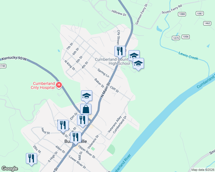 map of restaurants, bars, coffee shops, grocery stores, and more near 433 North Main Street in Burkesville