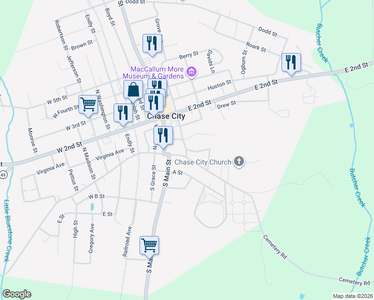 map of restaurants, bars, coffee shops, grocery stores, and more near 400 Calcium Circle in Chase City