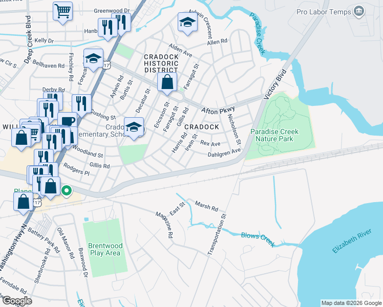 map of restaurants, bars, coffee shops, grocery stores, and more near 12 Jenkins Place in Portsmouth
