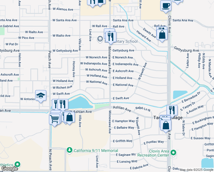 map of restaurants, bars, coffee shops, grocery stores, and more near 5403 East Euclid Avenue in Fresno
