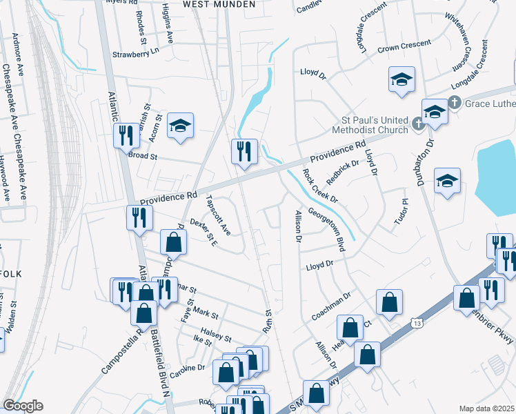 map of restaurants, bars, coffee shops, grocery stores, and more near 2721 Estella Drive in Chesapeake