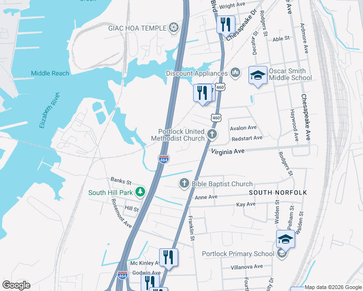 map of restaurants, bars, coffee shops, grocery stores, and more near 2625B Yale Court in Chesapeake