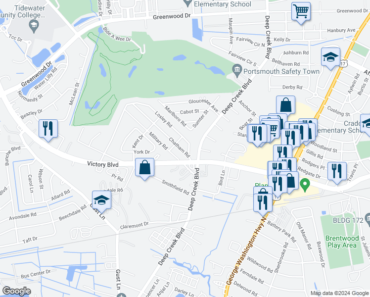 map of restaurants, bars, coffee shops, grocery stores, and more near 11 Chatham Road in Portsmouth