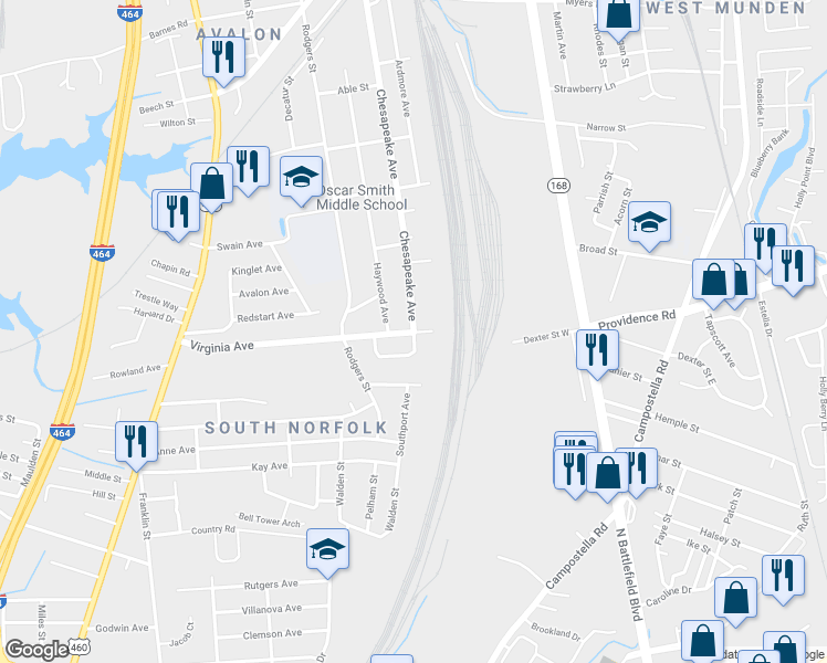map of restaurants, bars, coffee shops, grocery stores, and more near 1399 Virginia Avenue in Chesapeake