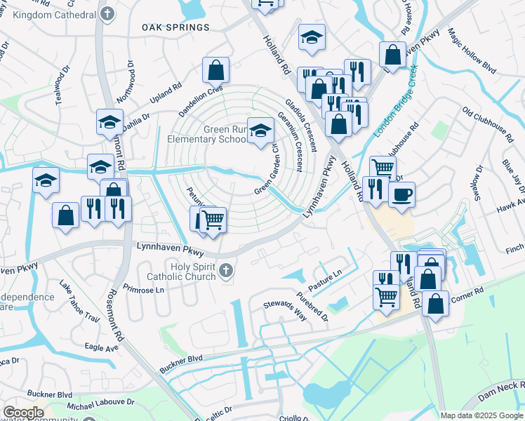 map of restaurants, bars, coffee shops, grocery stores, and more near 3412 Petunia Crescent in Virginia Beach