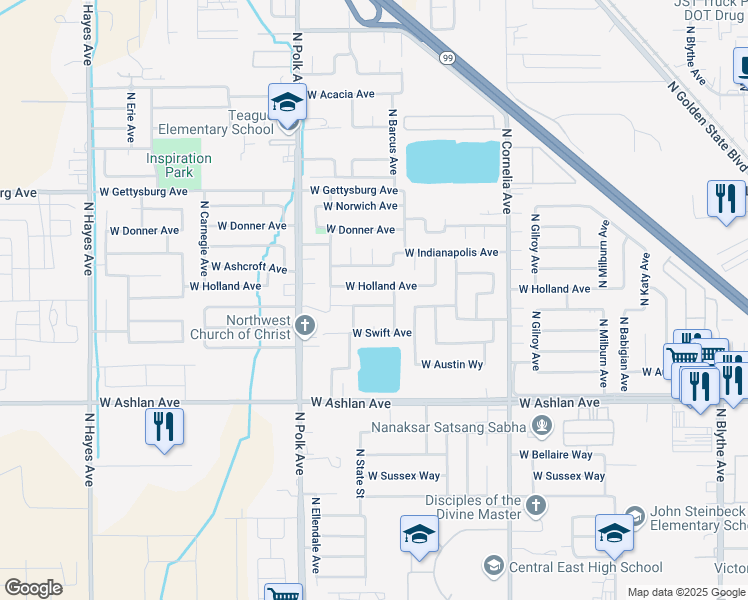 map of restaurants, bars, coffee shops, grocery stores, and more near 5301 West Richert Avenue in Fresno