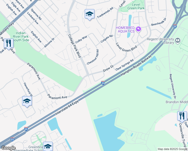 map of restaurants, bars, coffee shops, grocery stores, and more near 1300 Drexel Circle in Virginia Beach
