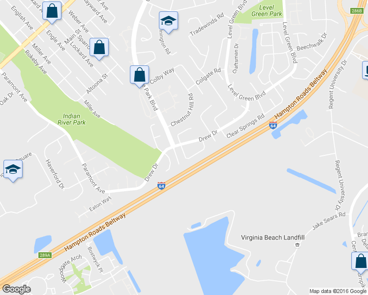 map of restaurants, bars, coffee shops, grocery stores, and more near 1300 Drexel Circle in Virginia Beach